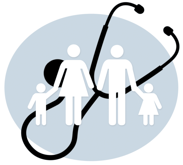 stethoscope overlaid with a family silhouette